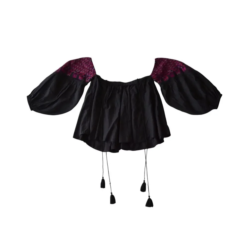 Free People Embroidered Peasant Top Black Boho Puff Sleeve S